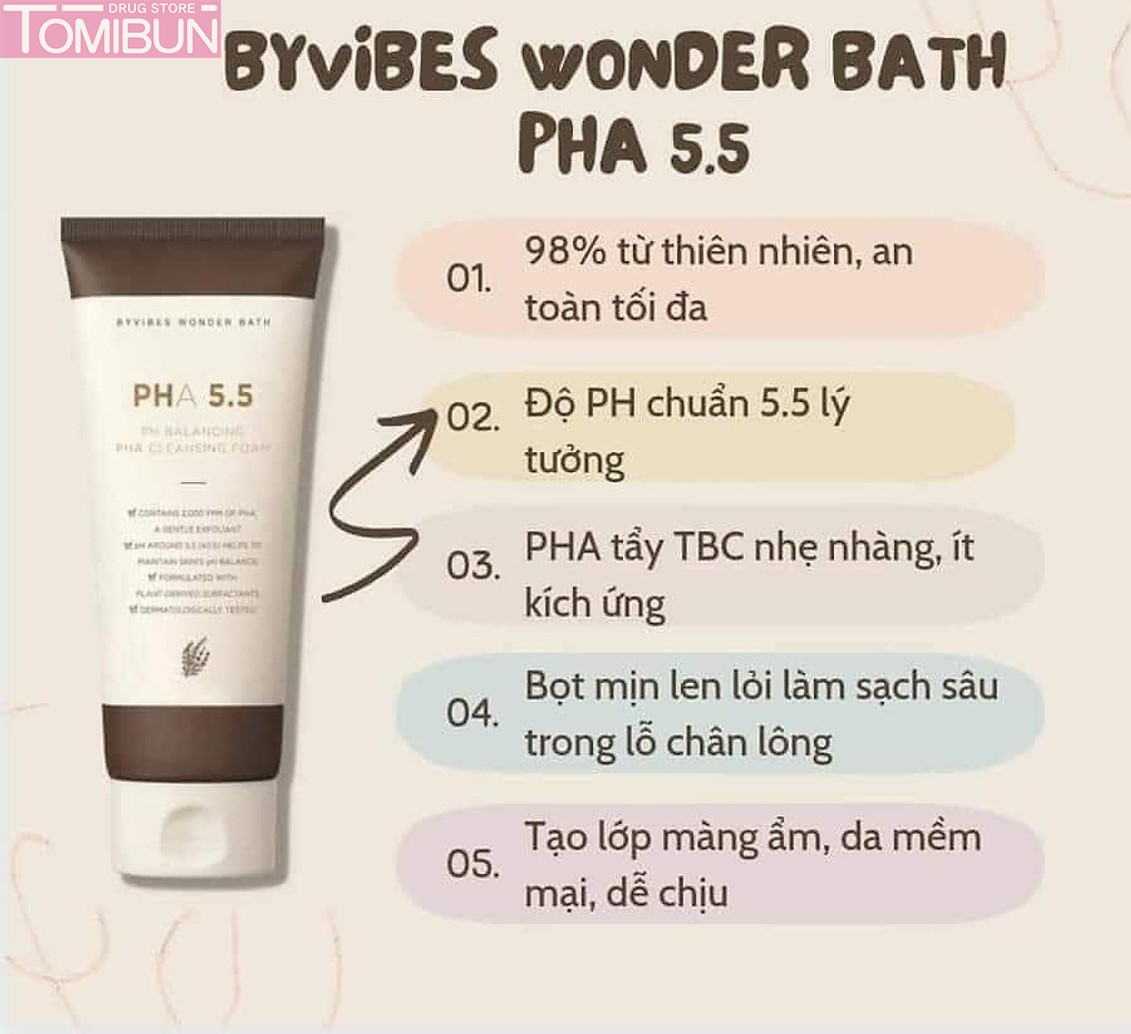 SỮA RỬA MẶT TẨY TẾ BÀO CHẾT BYVIBES WONDER BATH PHA 5.5 PH BALANCING PHA CLEANSING FOAM 150ML